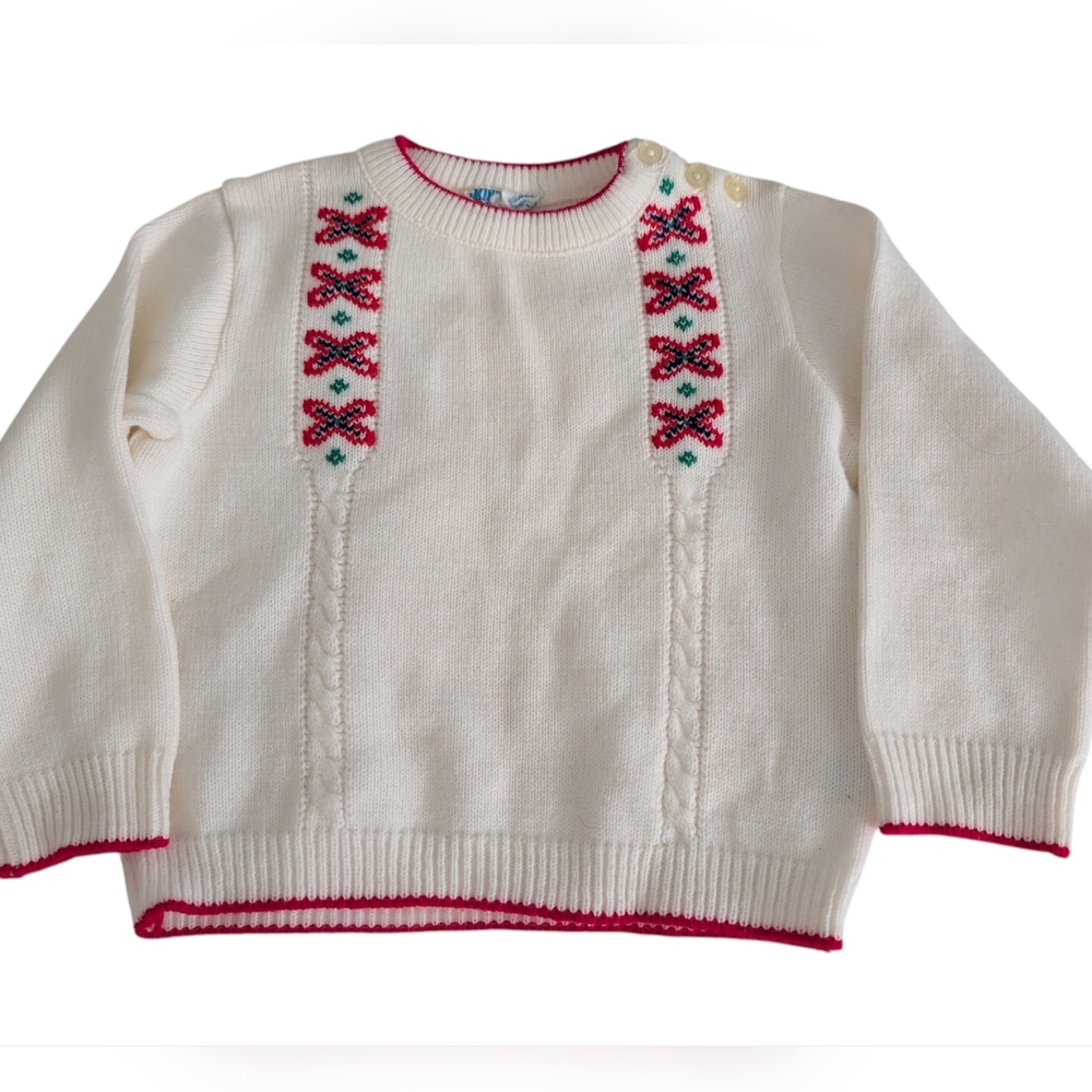 60s 70s Vintageβ Kids White Red Embroidered Knit Sweater